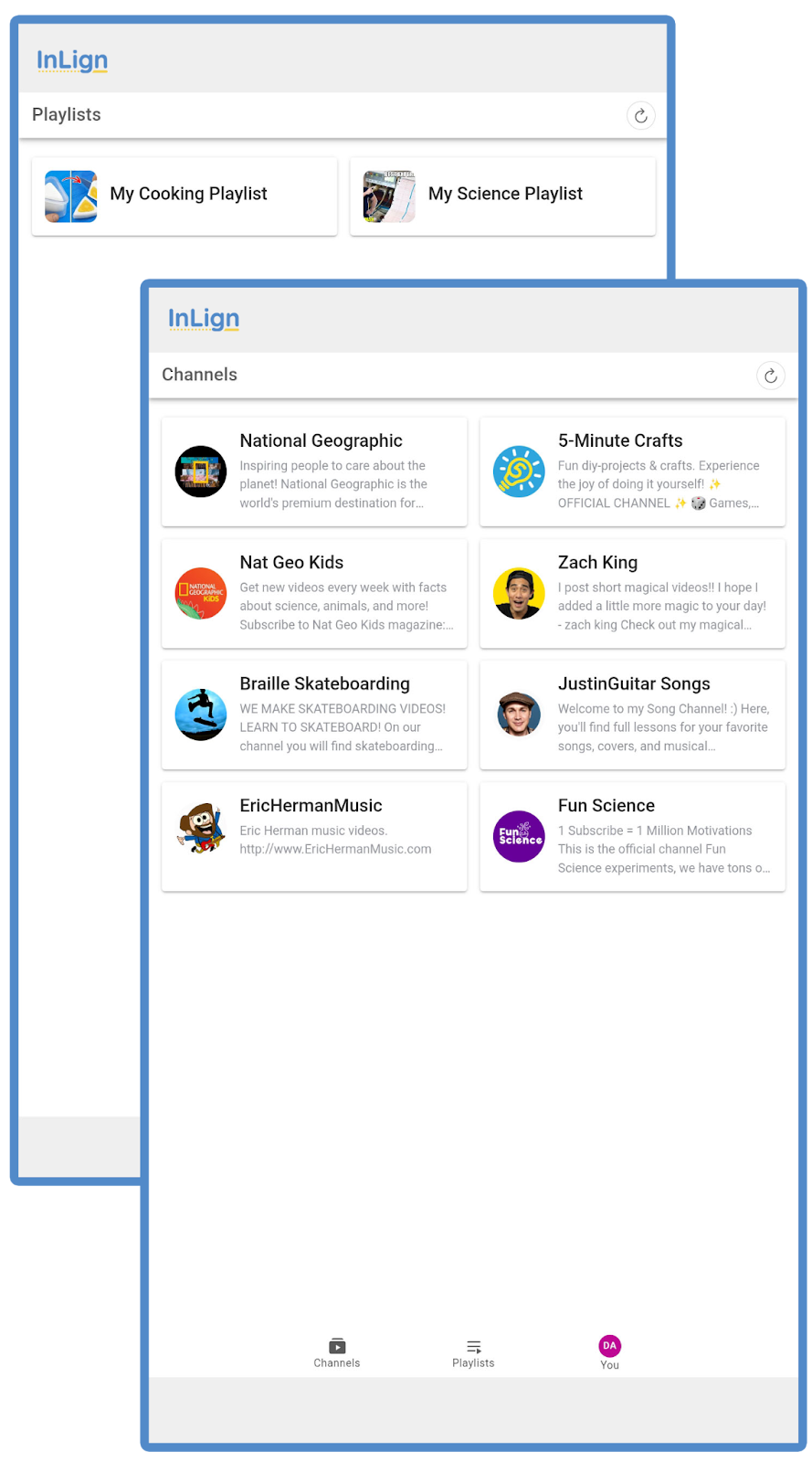 InLign parent dashboard showing curated channels